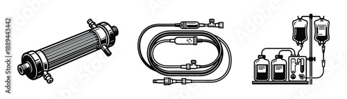 Dialysis machine with blood bags, medical equipment, tubing, and filters, vector illustration design.