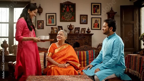 Elderly Indian woman in traditional saree receiving a bowl of food from a younger woman while a man smiles, indoor family scene