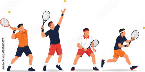  Professional male tennis player action set with serving, backhand, and sprinting poses for sports tournament and club branding vector