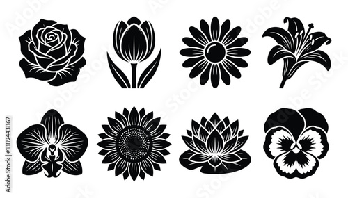 Elegant floral silhouettes: rose, tulip, daisy, lily, orchid, sunflower, lotus, pansy vector for design.