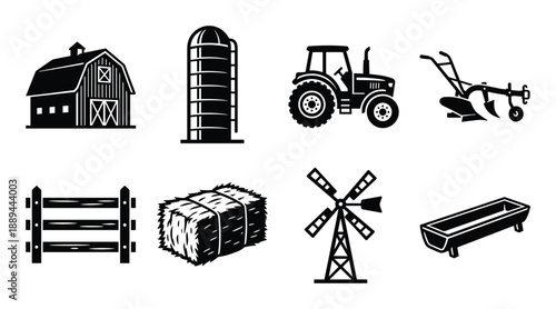 Farm icon collection featuring barn, silo, tractor, plow, fence, hay, windmill, and trough vector graphic.