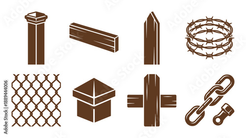 Fencing system parts vector illustration: wooden post, chain, barbed wire, chain link and fence pieces in brown.