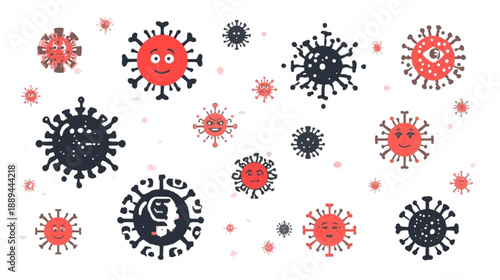 Vector illustration featuring various stylized virus particles with expressive cartoon faces, representing infectious agents, disease awareness, and the microscopic world of public health challenges