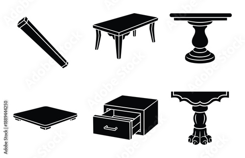 Furniture silhouettes: Table, nightstand, wood plank, square platform. Home decor and interior elements in black color.