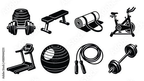 Fitness vector equipment icons set, dumbbell, exercise bench, yoga mat, cycle, treadmill, ball, rope, barbell.