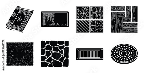 Floor covering vector set. Includes rolled carpet, welcome mat, tiles, hardwood, rug, stone, vent, and drain.