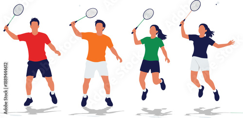 Badminton player action silhouette set with male and female athletes for sports tournament and fitness club branding vector