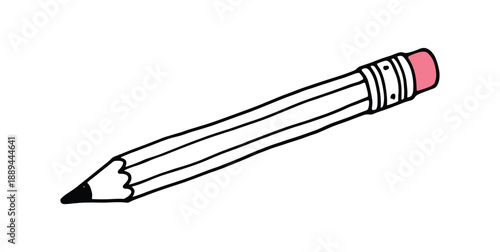 Hand drawn pencil illustration, perfect for graphic design. Pink eraser, black outline, and a white fill.