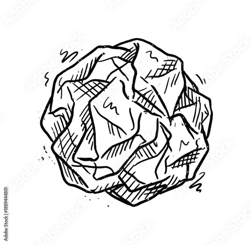 Hand-drawn crumpled paper ball with sketch style illustration and grunge textures, Vector line art drawing