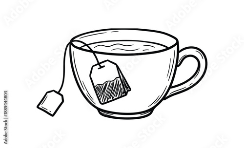 Hand drawn tea cup sketch, showing tea bag, hot liquid and cup handle. Vector illustration with black lines.