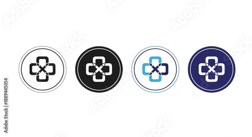 A series of four circular emblems featuring a stylized plus sign design in varying color schemes