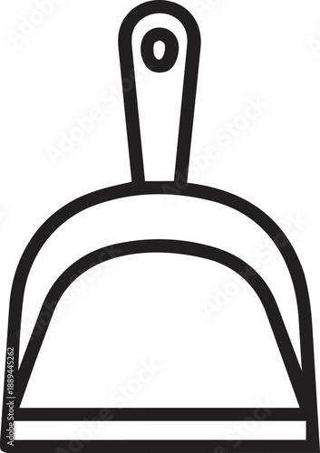 Dustpan icon, floor dust collector tool, sweeping debris into dustpan, household cleaning accessory, flat vector illustration