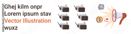 Marketing, advertising, communication, payments, financial services, media promotion. A megaphone emits symbols of payment, percentage and heart icons. Marketing and advertising concept