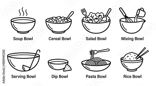 Illustration of bowl icons for soup, cereal, salad, mixing, serving, dip, pasta, and rice. Kitchen tableware set.