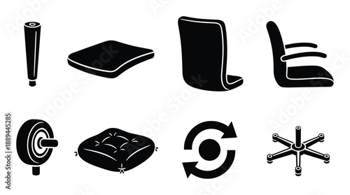 Illustration depicting an office chair parts. A diagram of the elements necessary for assembling the chair