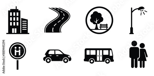 Illustration set of city life elements, buildings, road, park, transport and people in silhouette design.