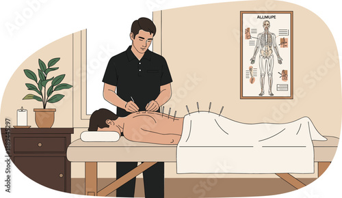Professional acupuncture therapy session with practitioner and patient for holistic health and wellness clinic branding vector