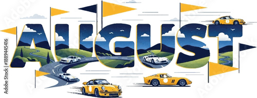 Vintage Cars Racing on a Sunny Day with Flags and Landscape