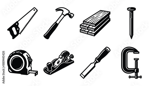 Illustrations of carpentry tools: saw, hammer, wood planks, nail, tape measure, plane, chisel, and C-clamp.