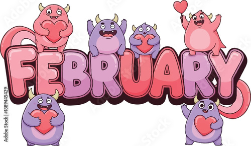Cartoon monsters celebrating February with heart symbols and colorful illustration