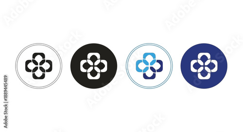 Four circular icons displaying a stylized four petal flower design in differing color schemes