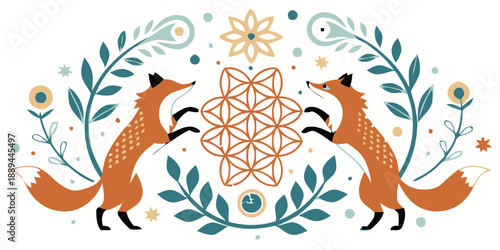 Whimsical foxes dance around sacred geometric flower