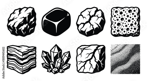 Illustrations of stone textures, solid cube, crystal cluster and rock formations rendered in black and white.