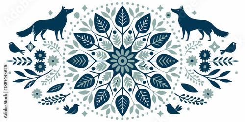 Elegant blue floral mandala with wolves and birds design
