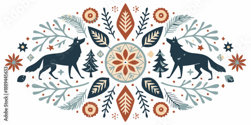 Majestic wolves in winter wonderland with snowflakes and pine trees