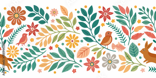 Vibrant floral pattern with birds and rabbits in colorful foliage