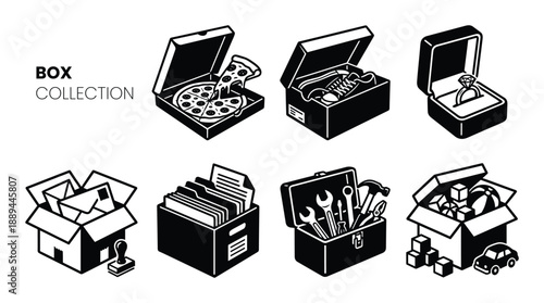 Isometric box collection icons set. Containing pizza, shoe, ring, file, toolbox and toys in box illustration.