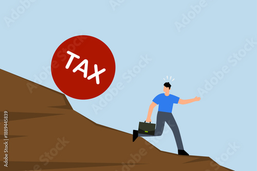 Tax payment deadline mistake, big heavy tax ball is rolling down the hill to a depressed and panicked businessman.