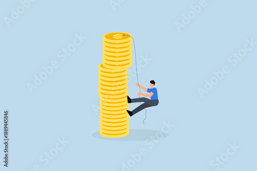 Financial goal, businessman is trying to reach the top of a stack of coins with a hard climbing rope.