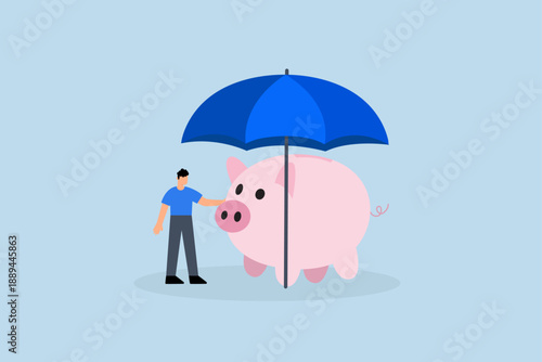 Insurance and finance saving protection in economy crisis, investor with his piggy bank with his security money with a big umbrella.