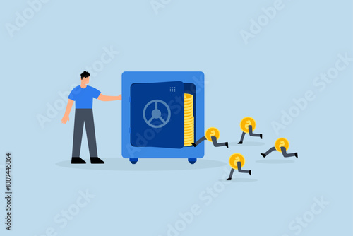 Passive income, businessman open a safe with rich treasures and coins inside.