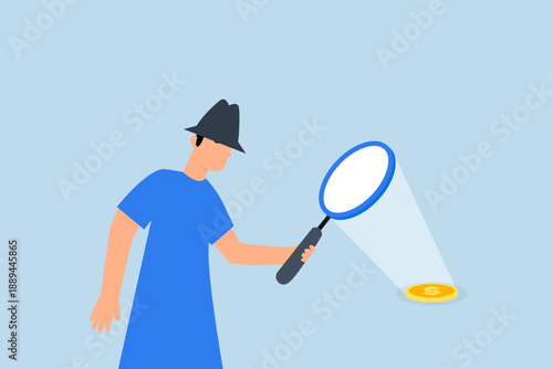 Search for investment opportunity, anonymous intelligent detective with a magnifying glass.