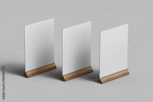 three array blank table tent menu card display holder tabletop a5 paper size with wooden base mockup design template 3d render isolated