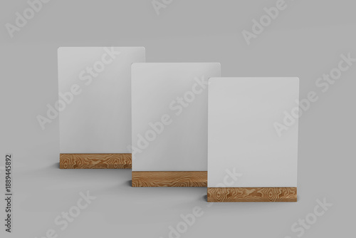 three standing blank table tent menu display holder a5 paper with wooden base mockup design template 3d render isolated front view