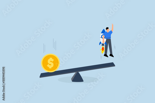 Economic stimulus money, large dollar coin falls on a seesaw to boost businessman on the other side with a rocket.