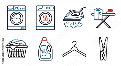 Laundry icons set in vector format featuring washing machine, dryer, iron, clothes, basket, detergent, hanger.