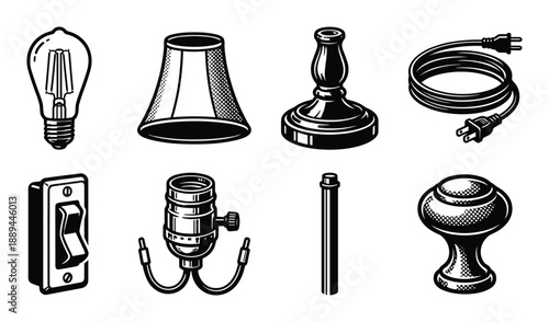 Lamp parts components vector illustration. Includes bulb, shade, base, cord, switch, socket, and knob.