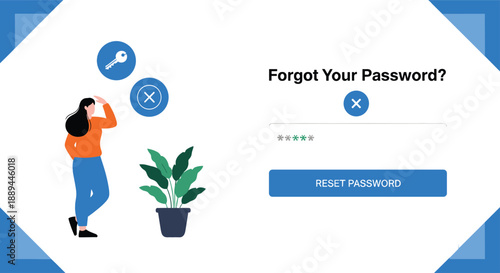Forgot password recovery screen with reset button and woman character for cybersecurity and web UI branding vector