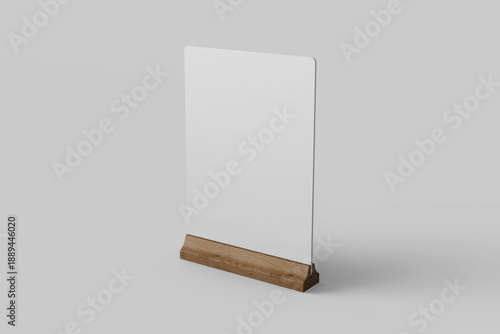 standing blank table top tent menu card display holder acrylic in a5 paper size with wooden base mockup design template 3d render isolated