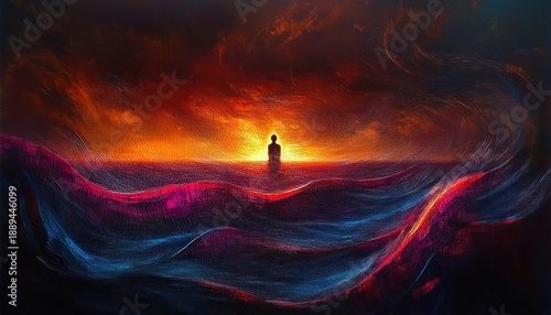 Silhouette of a person standing alone against a bright glowing sunset with swirling, vibrant red and blue waves in the foreground, evoking solitude and contemplation
