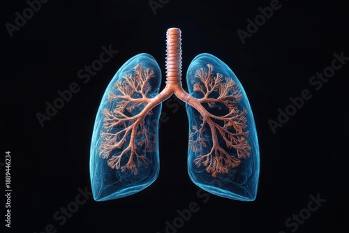 Detailed digital illustration of human lungs with transparent blue outer lung structure and highlighted orange bronchial tree network against black background