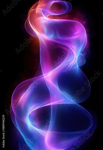 Ethereal flowing ribbons of neon light in purple, blue and pink swirling like luminous smoke against a deep black background, graceful dynamic and otherworldly mood
