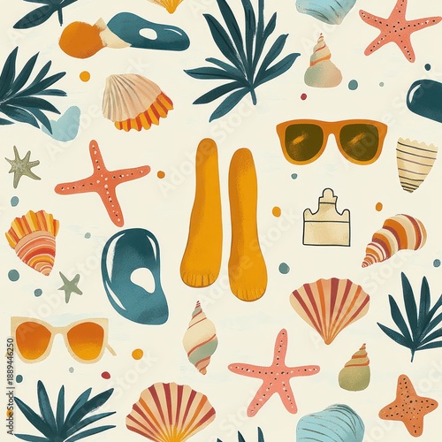 Pattern of various seashells, starfish, tropical leaves, sunglasses, and flip flops arranged on a light background evoking a summer beach vibe