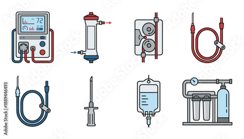 Medical hemodialysis system, blood filtration machine, and accessories for kidney treatment, in vector format.