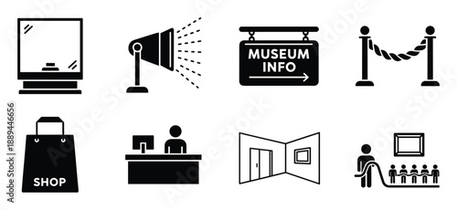 Museum icon set, includes display case, spotlight, information sign, rope barrier, gift shop, and reception.