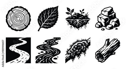 Nature themed vector design featuring tree rings, leaf, soil with roots, stones, river, bush, and log.